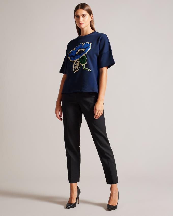 T-Shirt Ted Baker Boxy With Appliqué Flower Bleu Marine Femme | REC-03126571